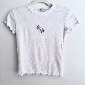 White Butterfly Ribbed Crop Top